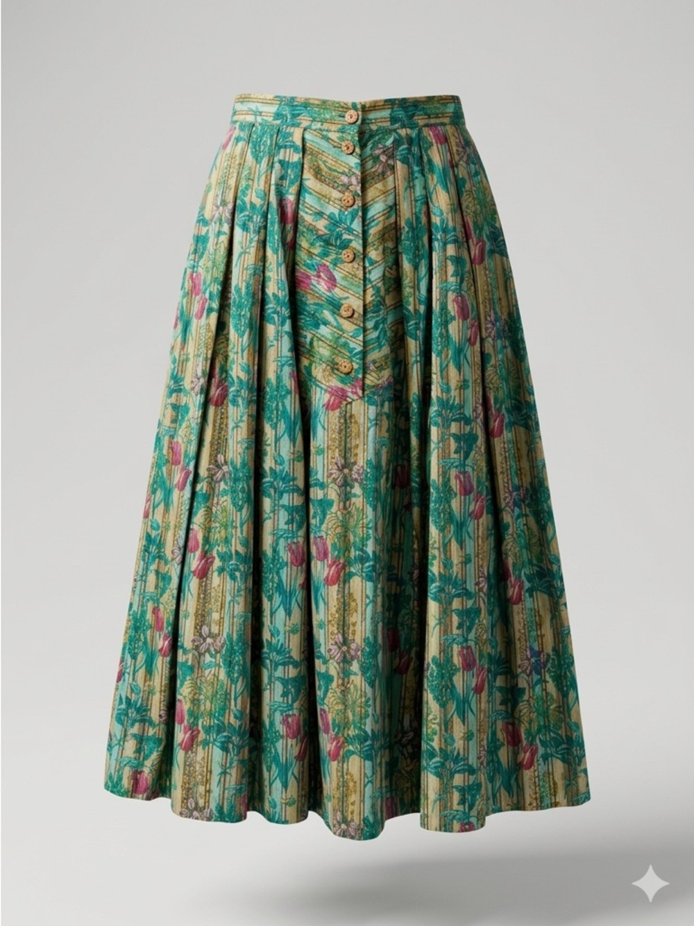 A-Line Floral Midi Skirt in Teal and Pink